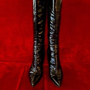 Nine West Deep Wine Colored Patent Leather Stiletto Heeled Knee Boots - Size 8.5